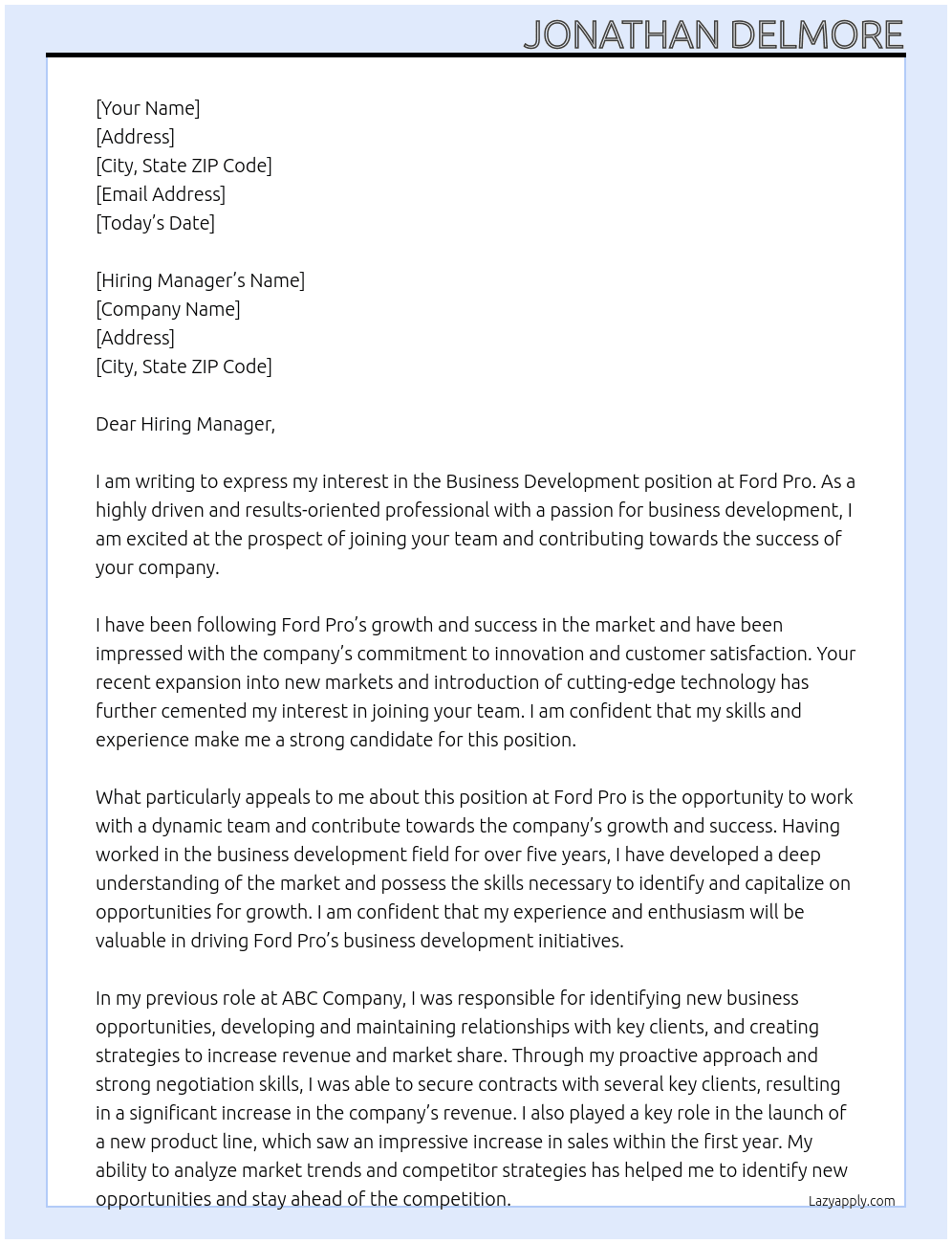 Business Development At Ford Pro Cover Letter