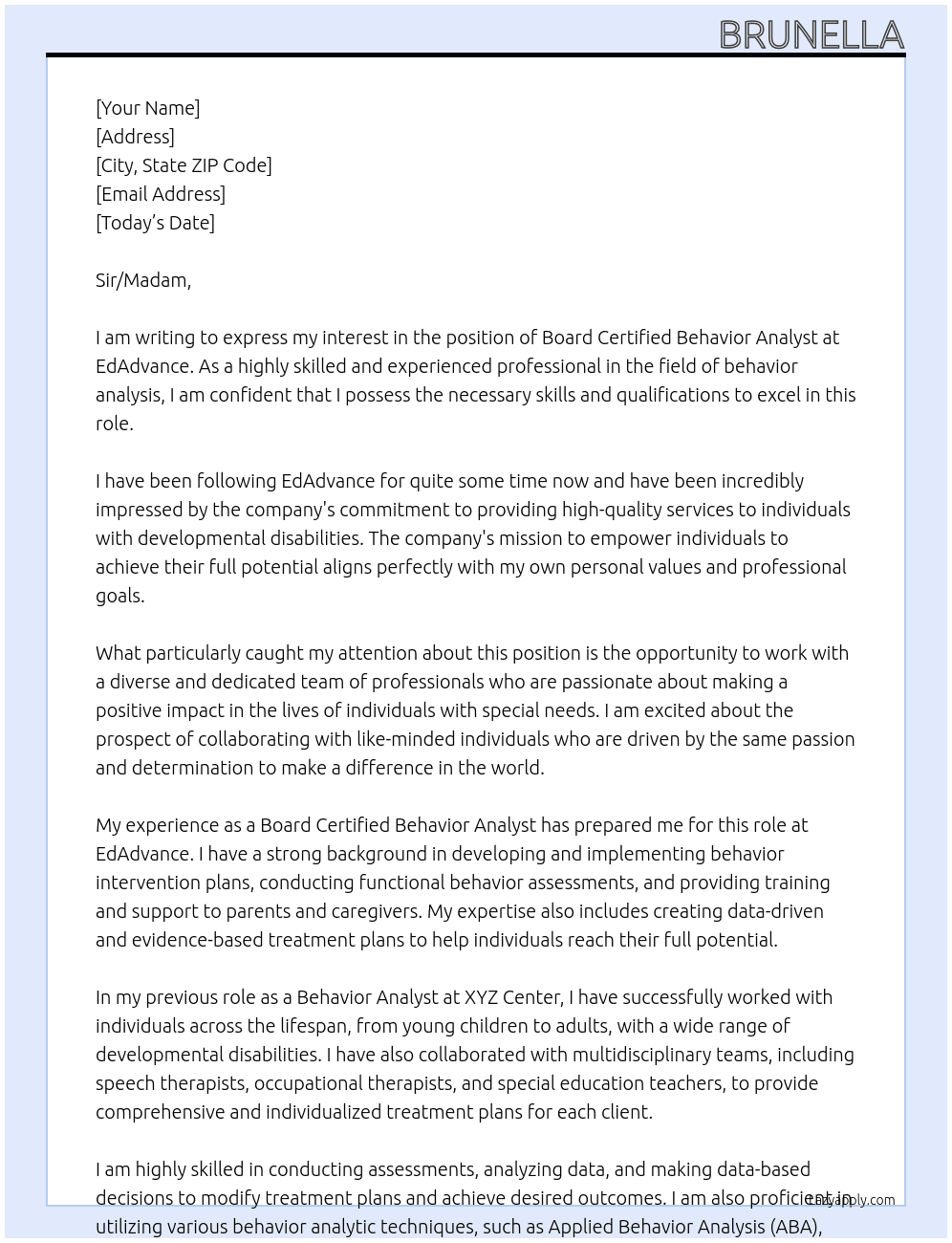 Board Certified Behavior Analyst At EdAdvance Cover Letter
