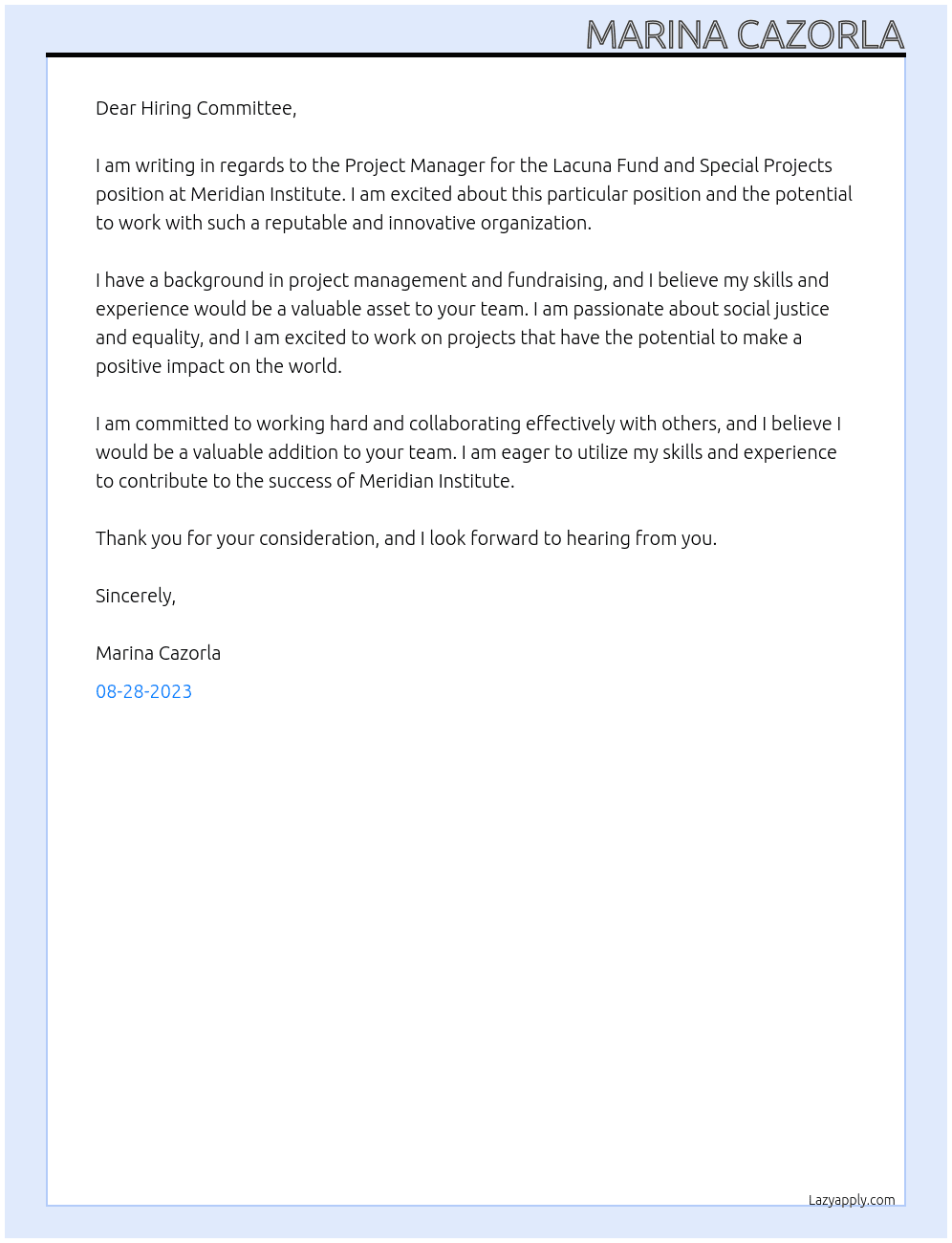 Project Manager for the Lacuna Fund and Special Projects At Meridian Institute Cover Letter