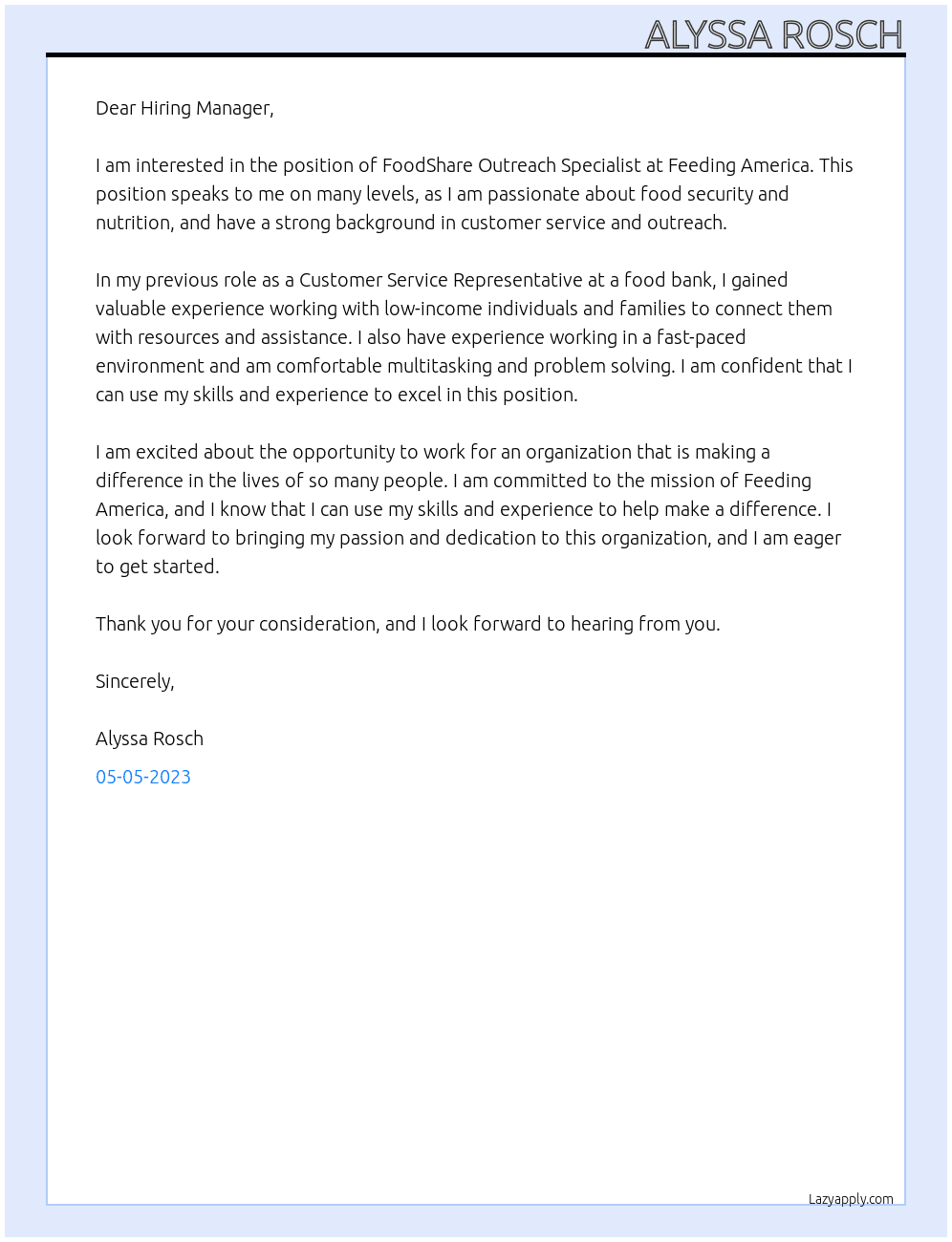 FoodShare Outreach Specialist At Feeding America Cover Letter