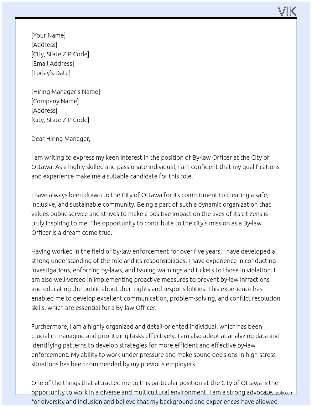 by law officer At city of ottawa Cover Letter