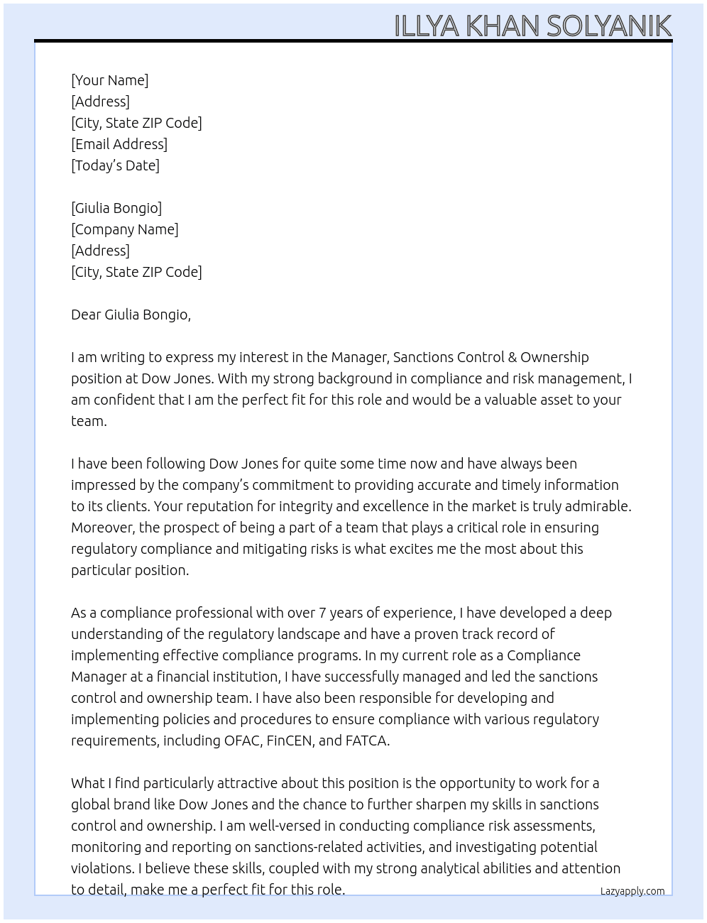 Manager, Sanctions Control & Ownership At Dow Jones Cover Letter