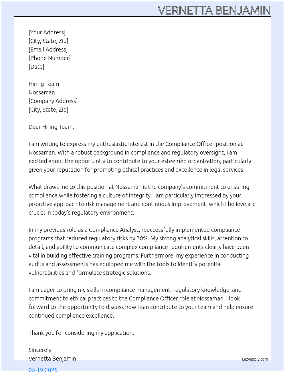 Compliance Officer At Nossaman Cover Letter