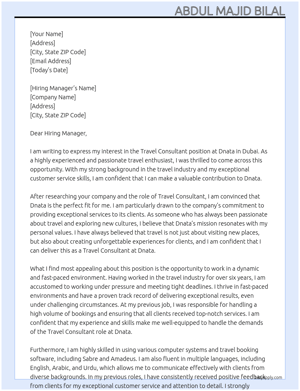 Travel Consultant  At Dnata  Cover Letter