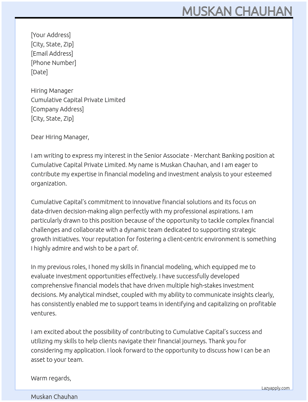 Senior Associate - Merchant Banking At Cumulative Capital Private Limited Cover Letter