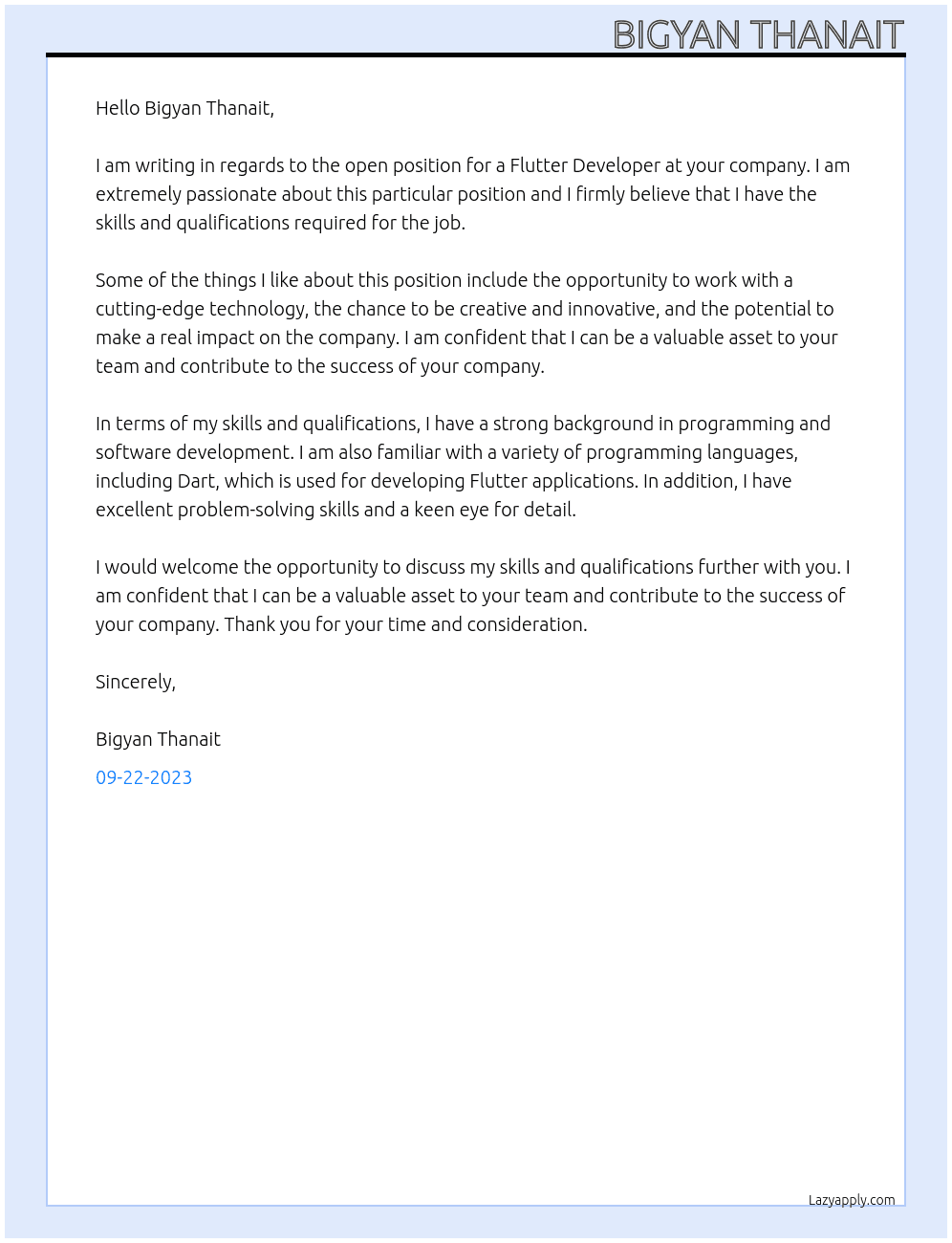 Flutter Developer At Bigyan Thanait Cover Letter