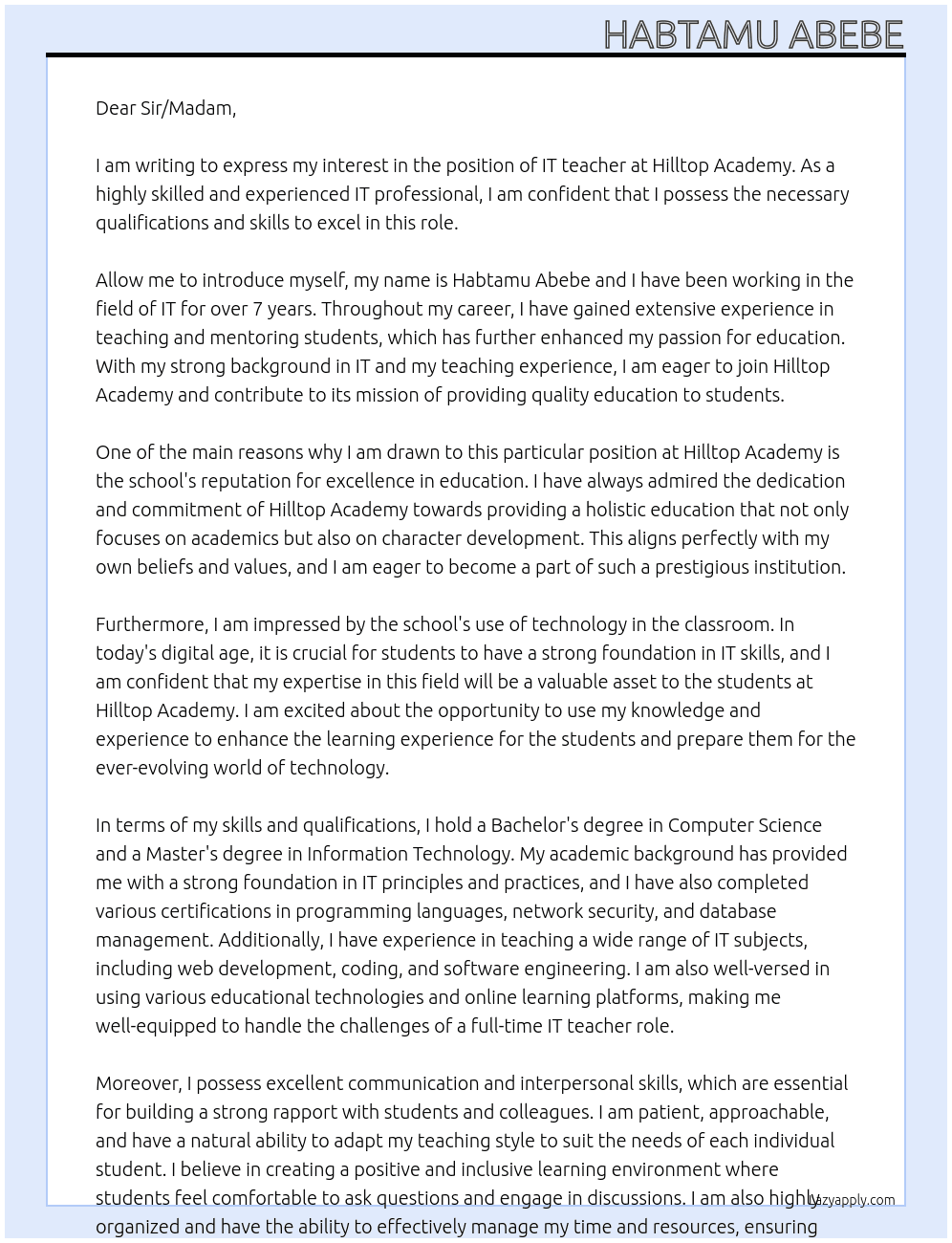 IT teacher At Hilltop Academy Cover Letter