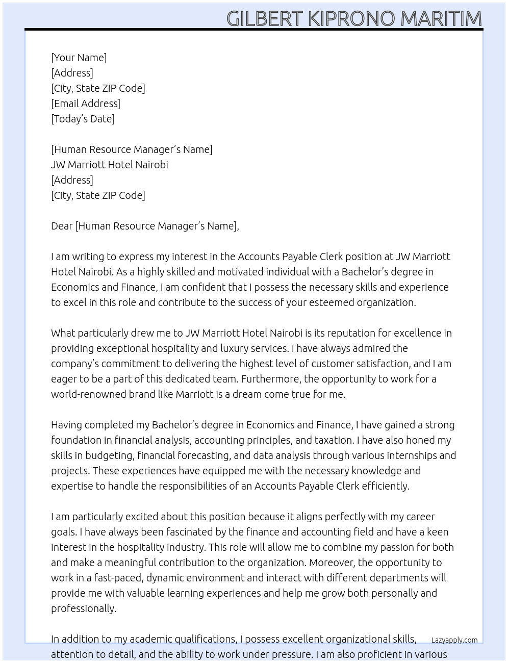 accounts payable clerk At JW Marriott hotel Nairobi Cover Letter