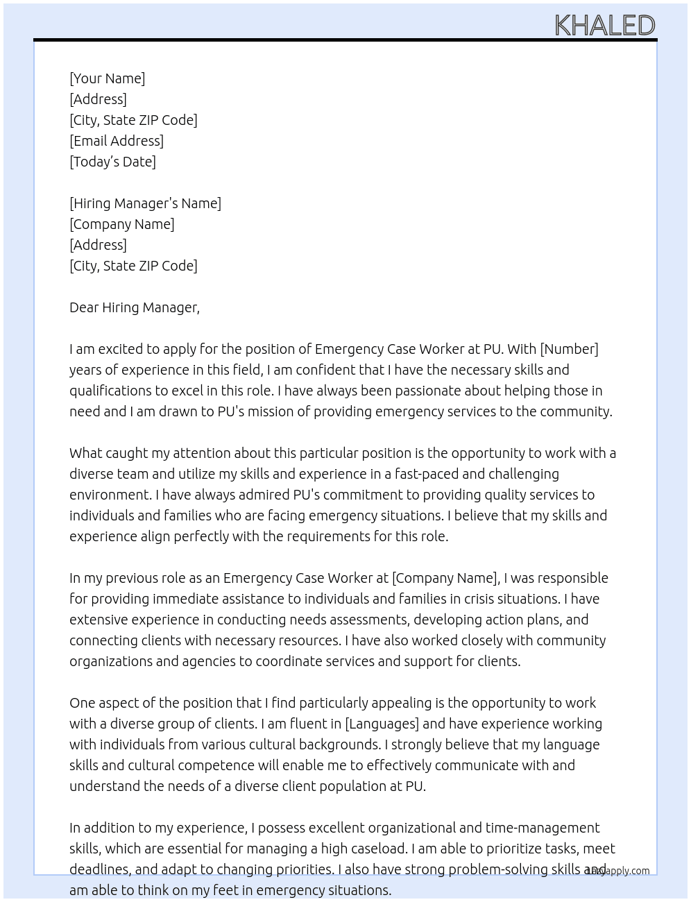 Emergency Case Worker At PU Cover Letter