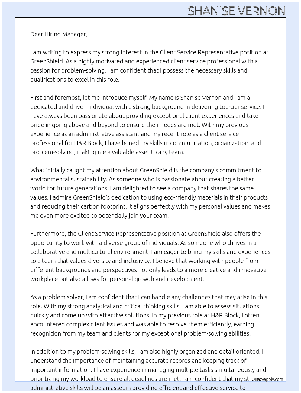 Client Service Representative At GreenShield Cover Letter