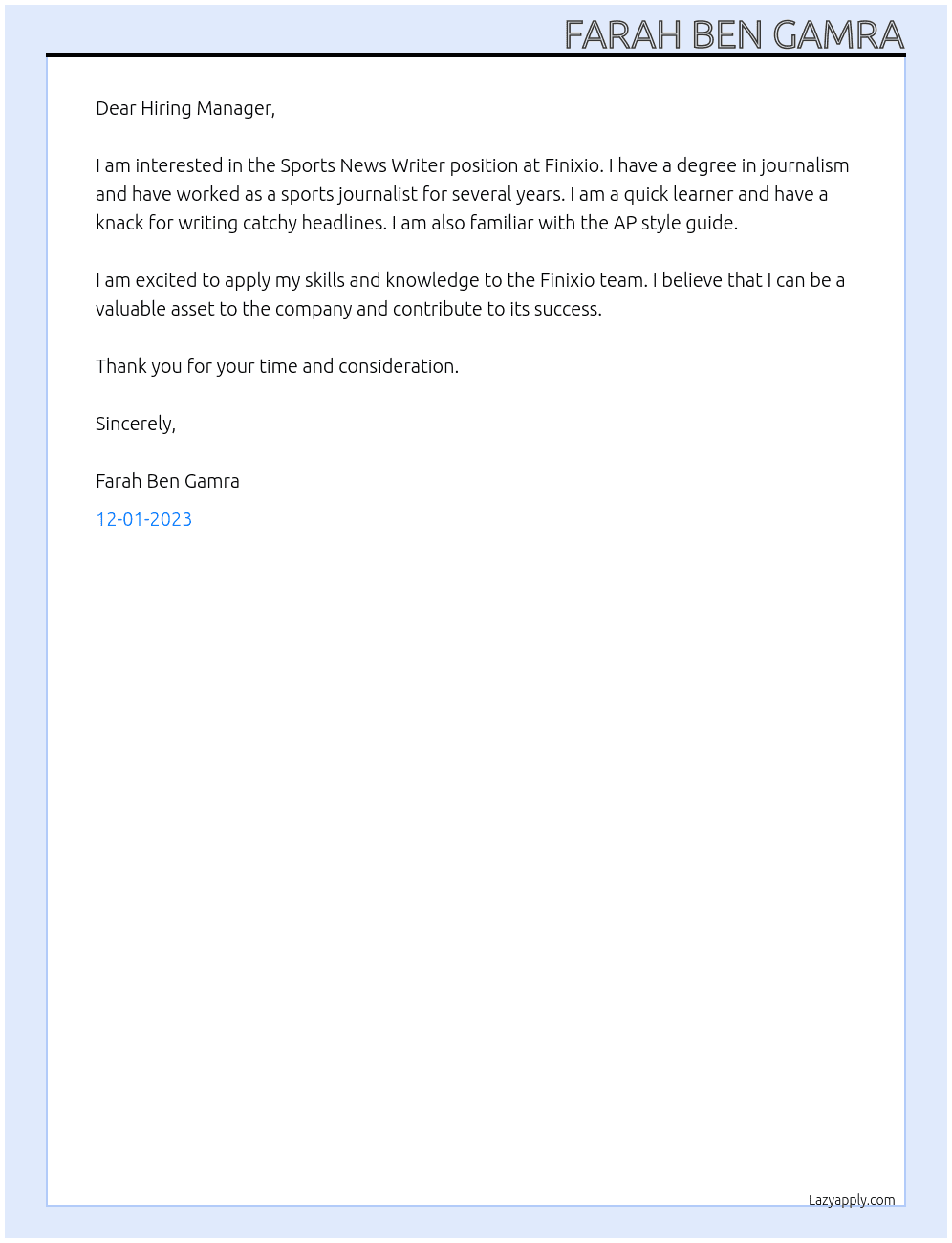 Sports news writer At Finixio Cover Letter