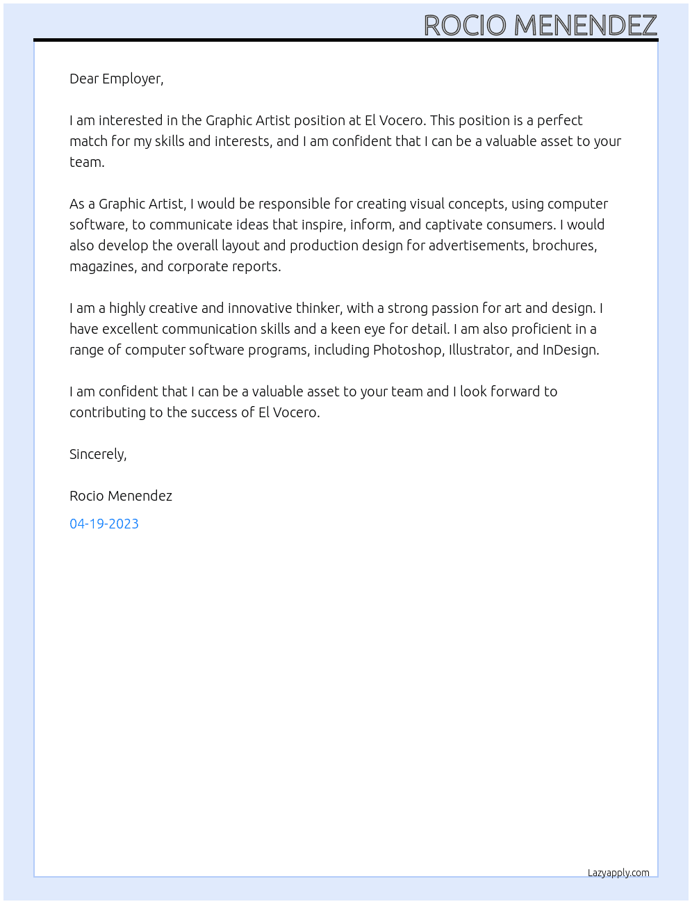 Grahic Artist At El Vocero Cover Letter