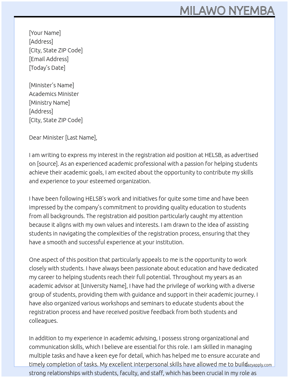 Applying for registration aid At HELSB Cover Letter