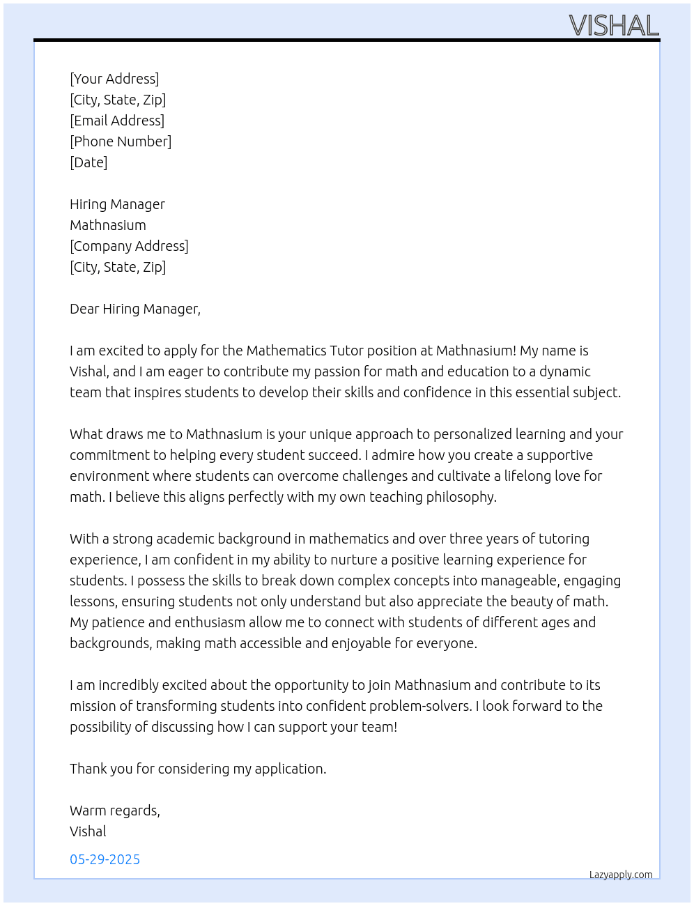 Mathematics tutor At Mathnasium Cover Letter