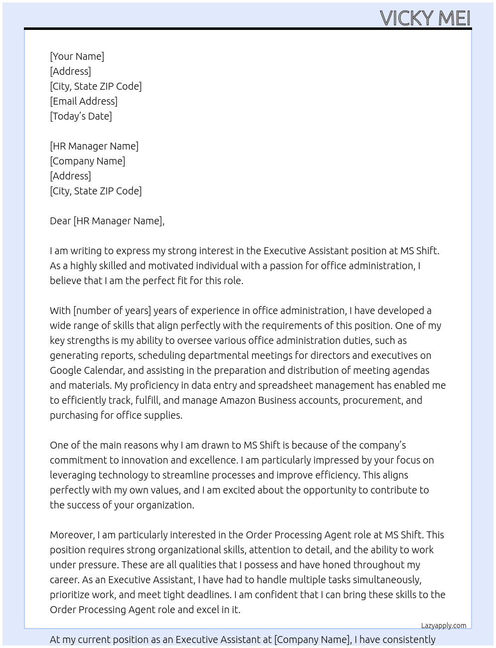 Executive Assistant At MS Shift Cover Letter