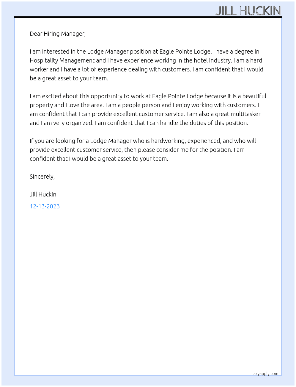 Lodge Manager At Eagle Pointe Lodge Cover Letter