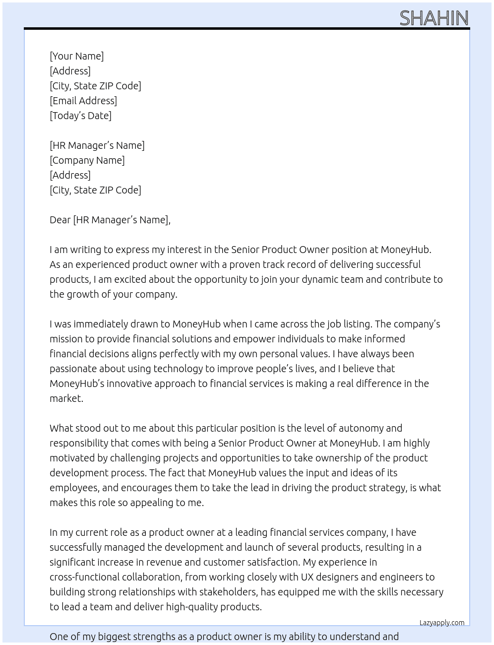 Senior Product Owner  At MoneyHub  Cover Letter