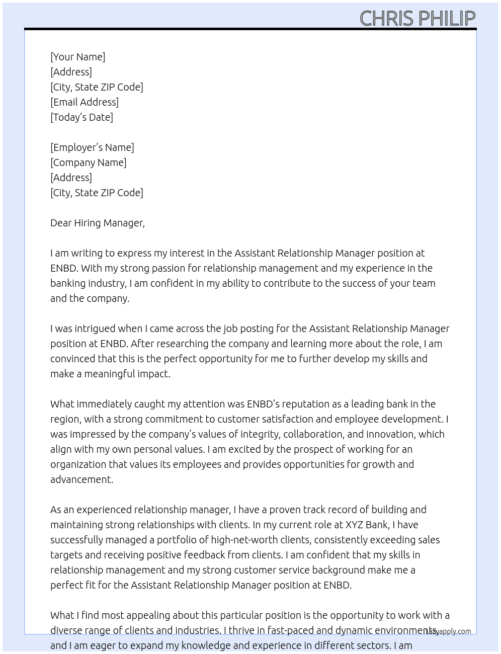 Assistant Relationship Manager At ENBD Cover Letter