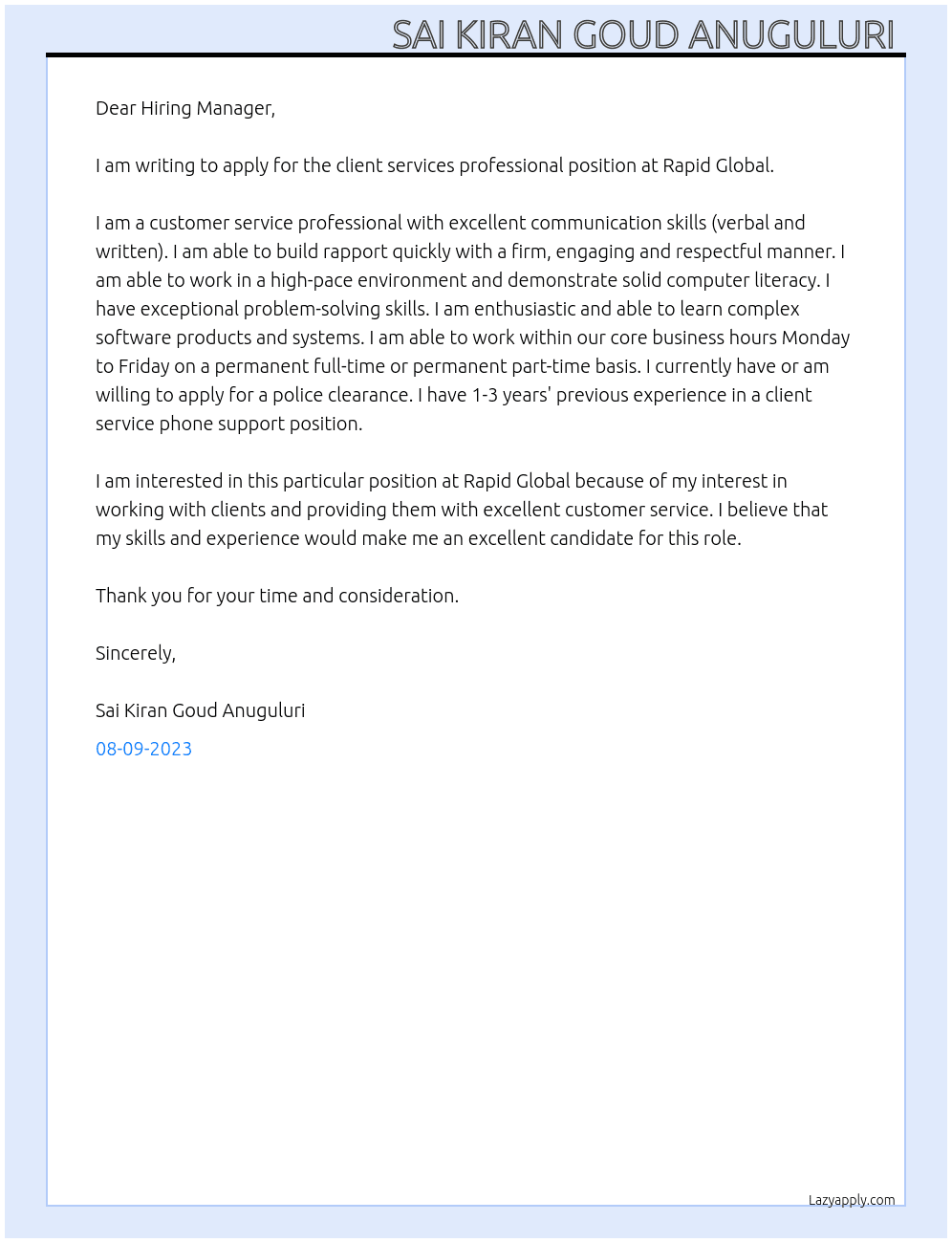 Client services professional  At Rapid Global  Cover Letter