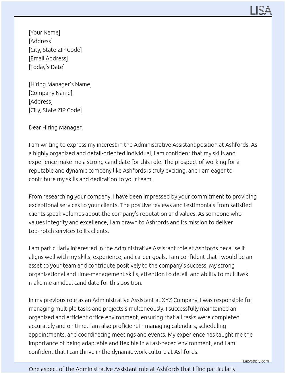 Administrative Assisant At Ashfords Cover Letter