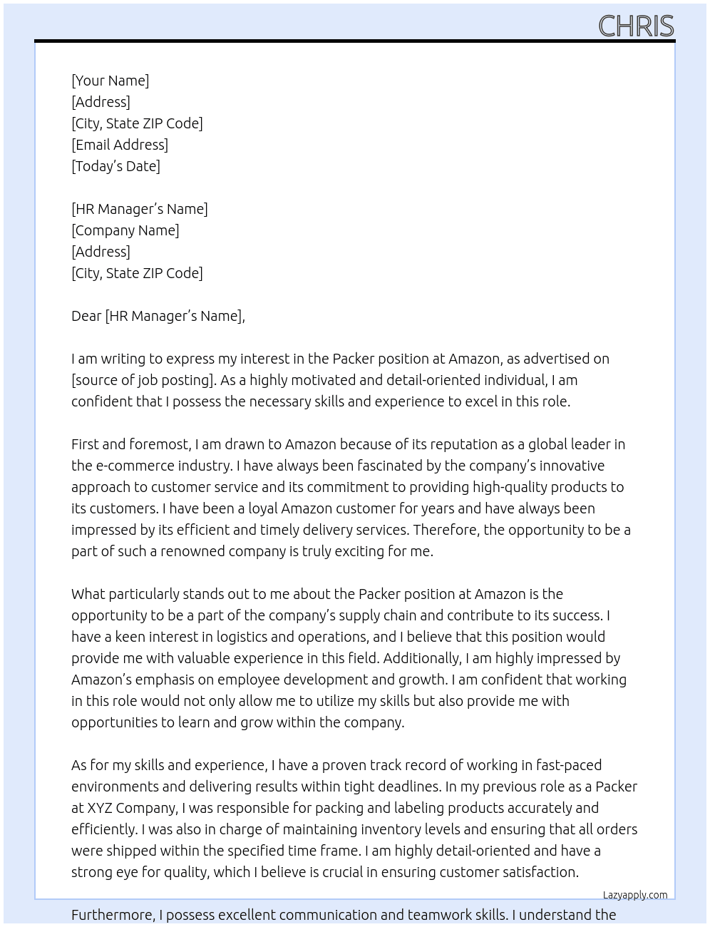 packer At amazon Cover Letter