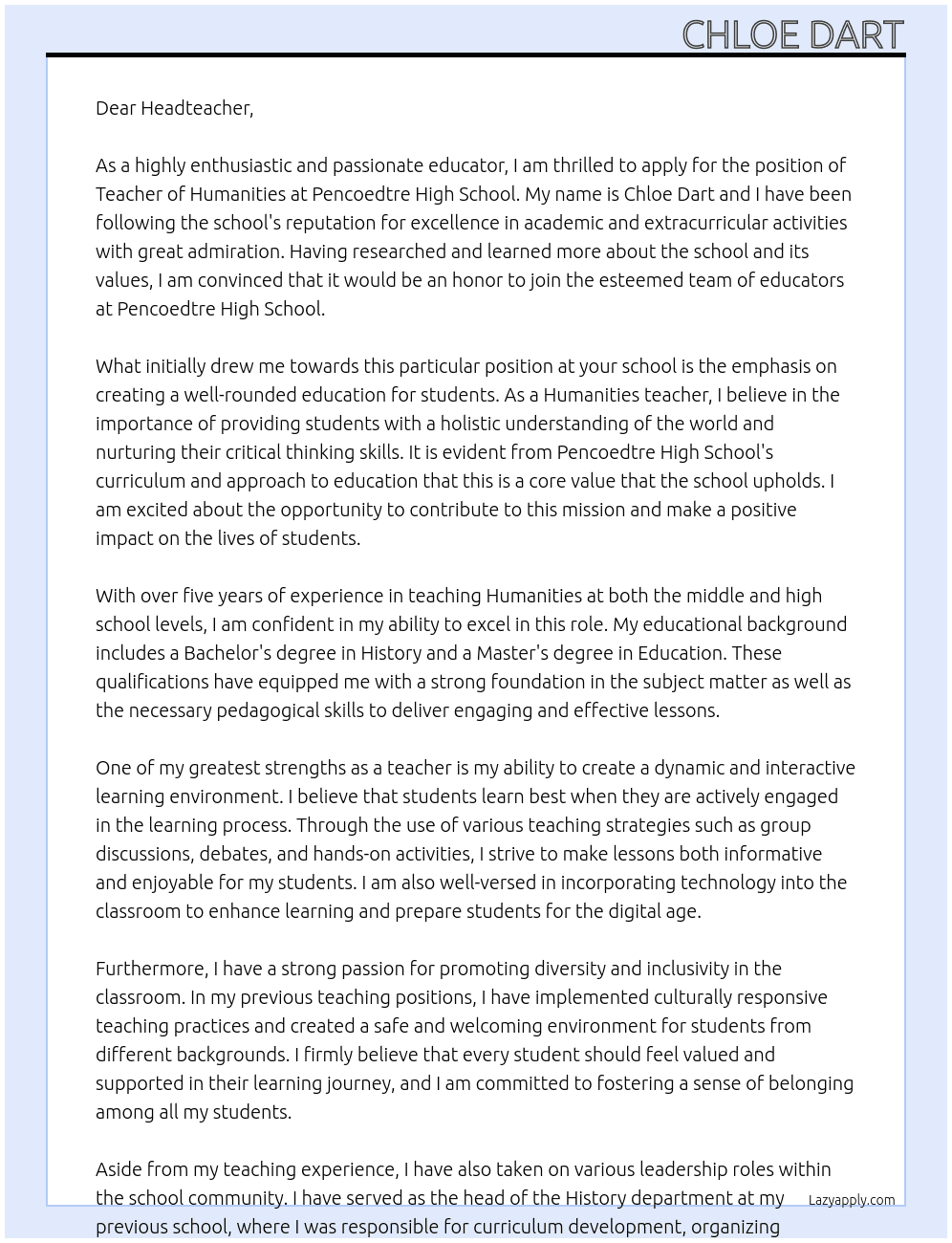 Teacher of Humanities At Pencoedtre High School Cover Letter