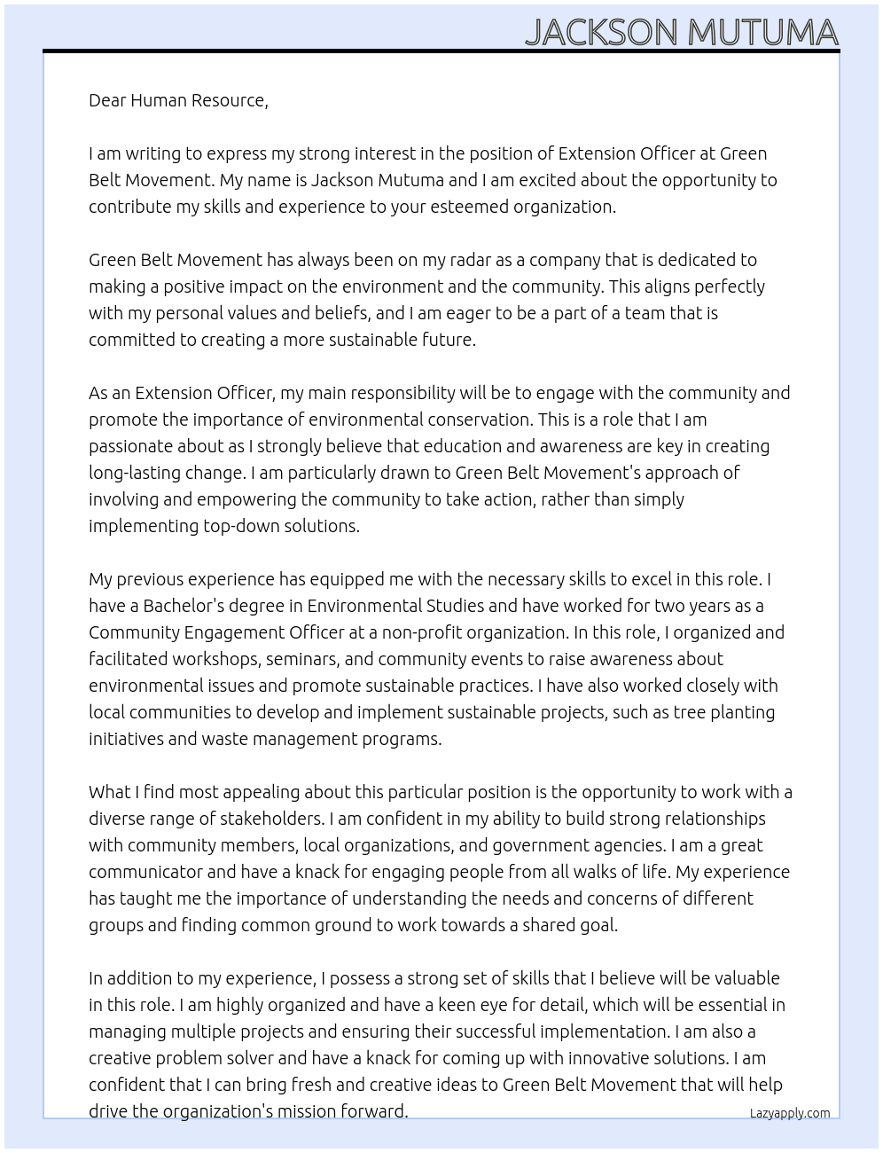 extension officer At green belt movement  Cover Letter