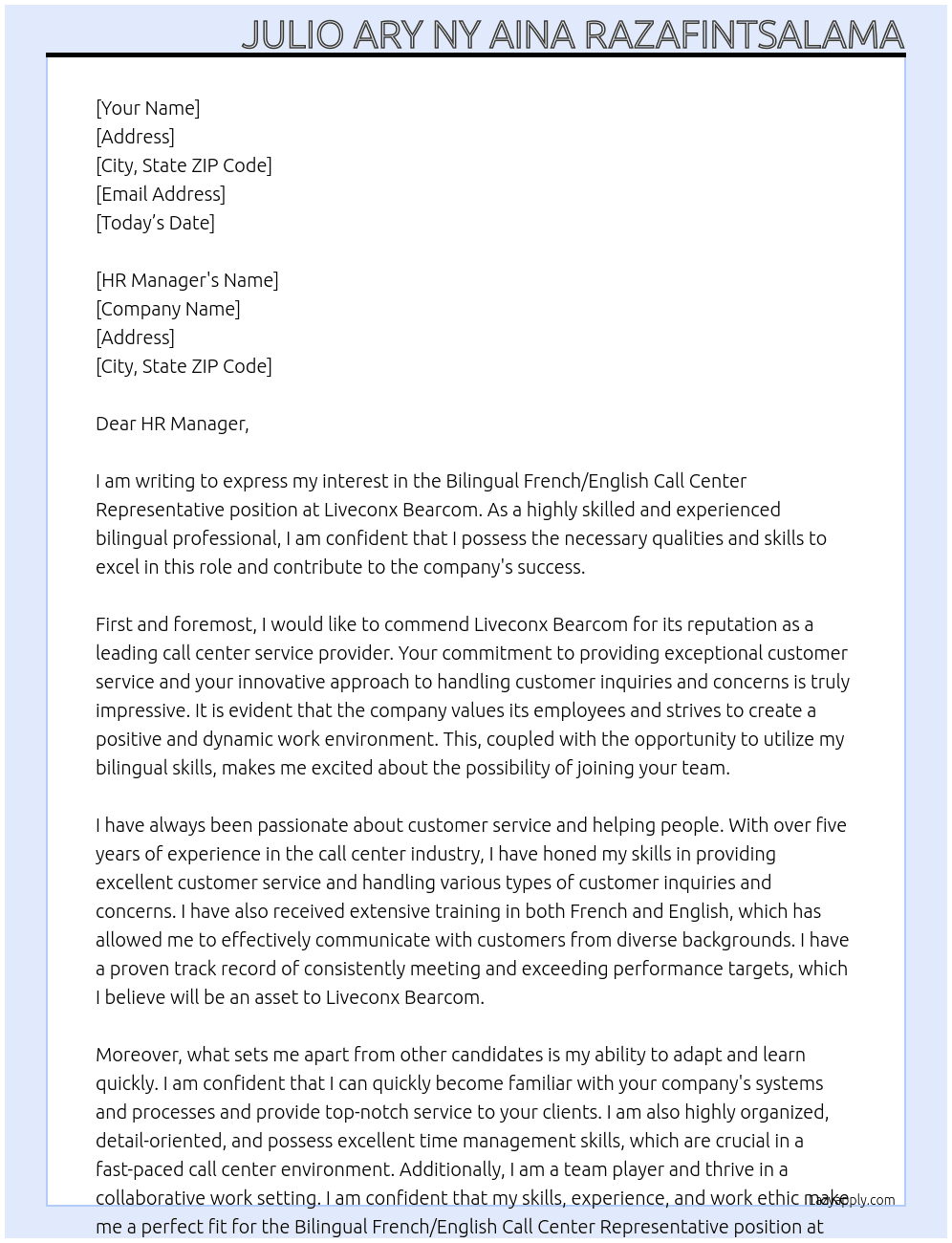 Bilingual French/English Call Center Representative At Liveconx Bearcom  Cover Letter