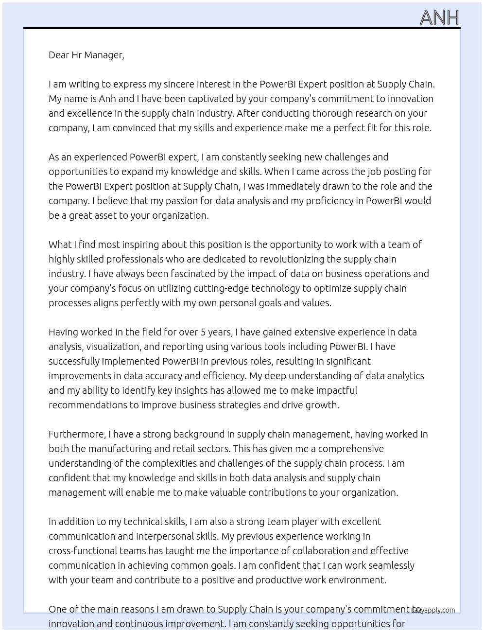 PowerBI expert At Supply chain Cover Letter