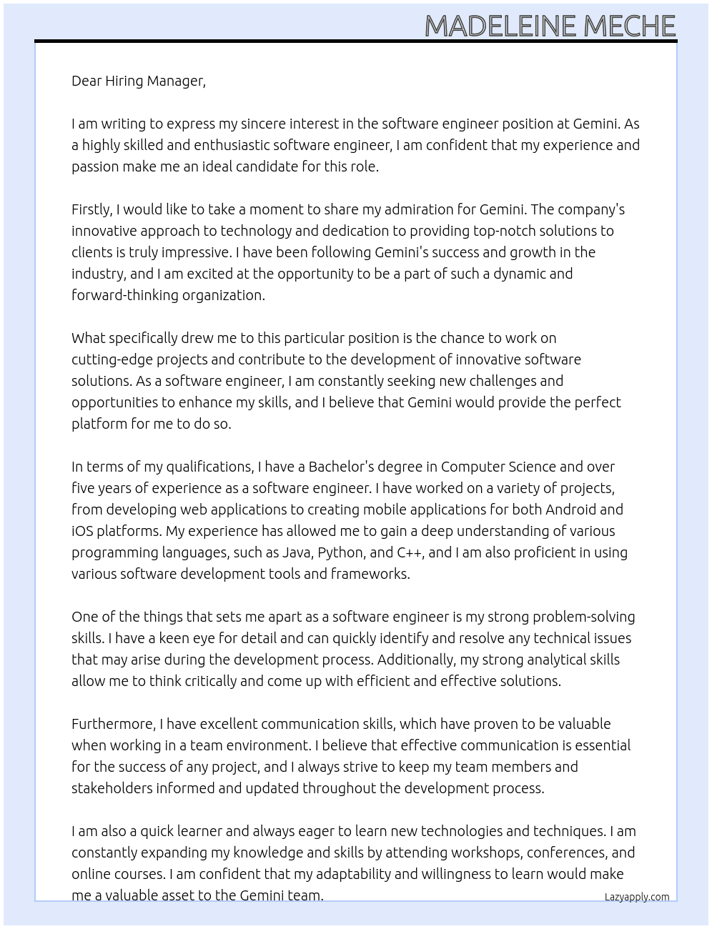 software engineer At gemini Cover Letter