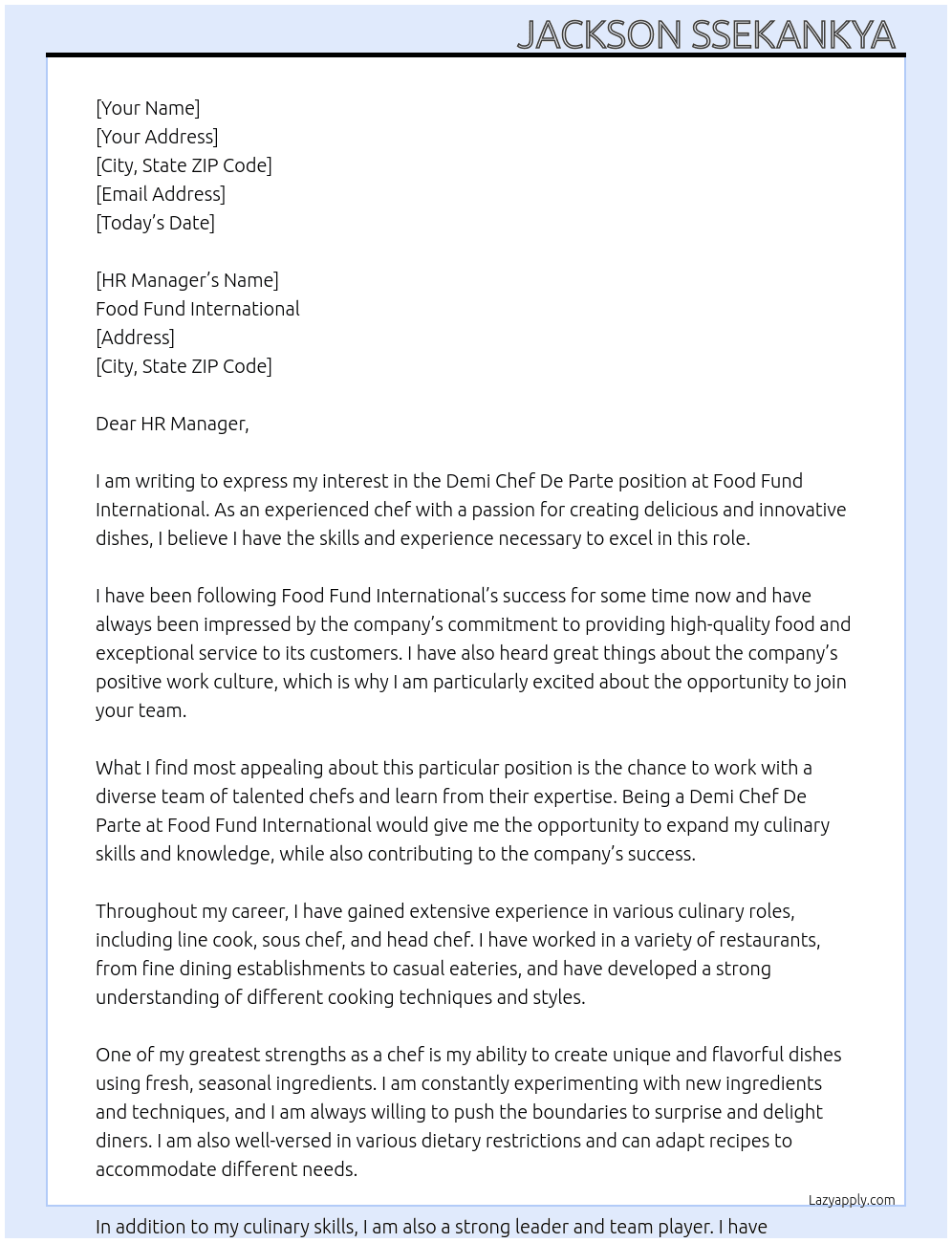 Demi Chef De parte At Food Fund International  Cover Letter