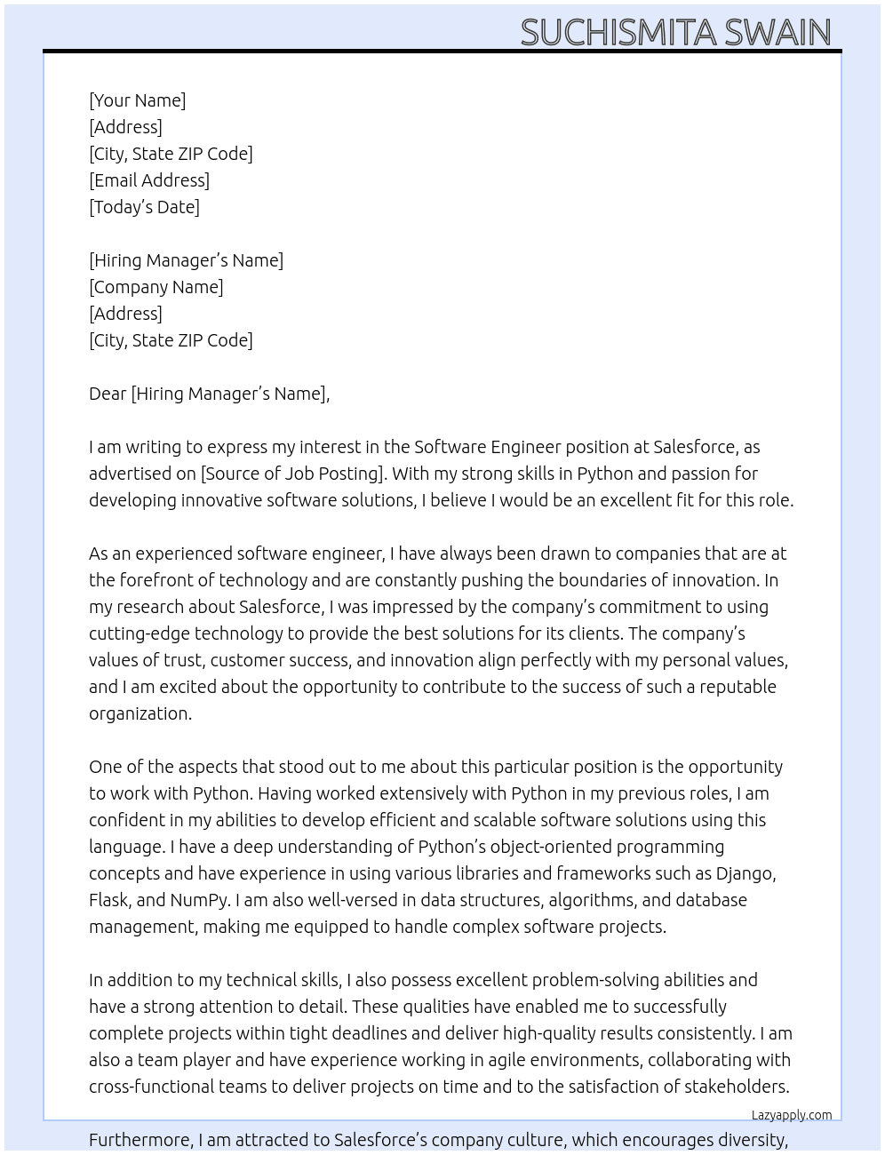 Software Engineer  At Salesforce  Cover Letter