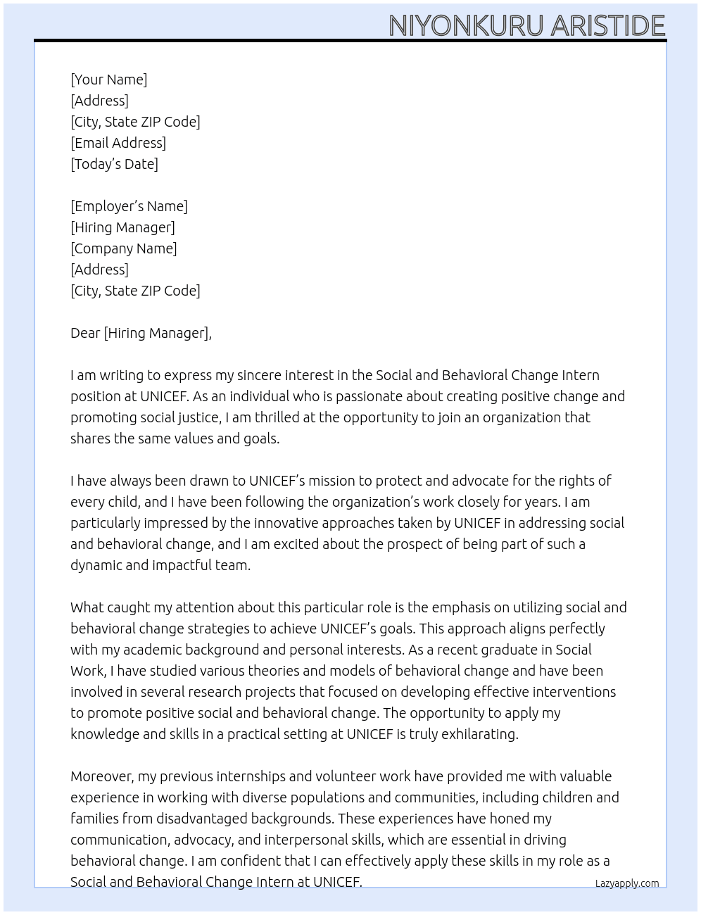 Cover letter for social and behavioral change intern - LazyApply