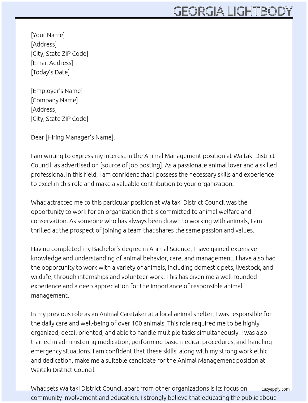 Animal Management At Waitaki DistrictCouncil Cover Letter