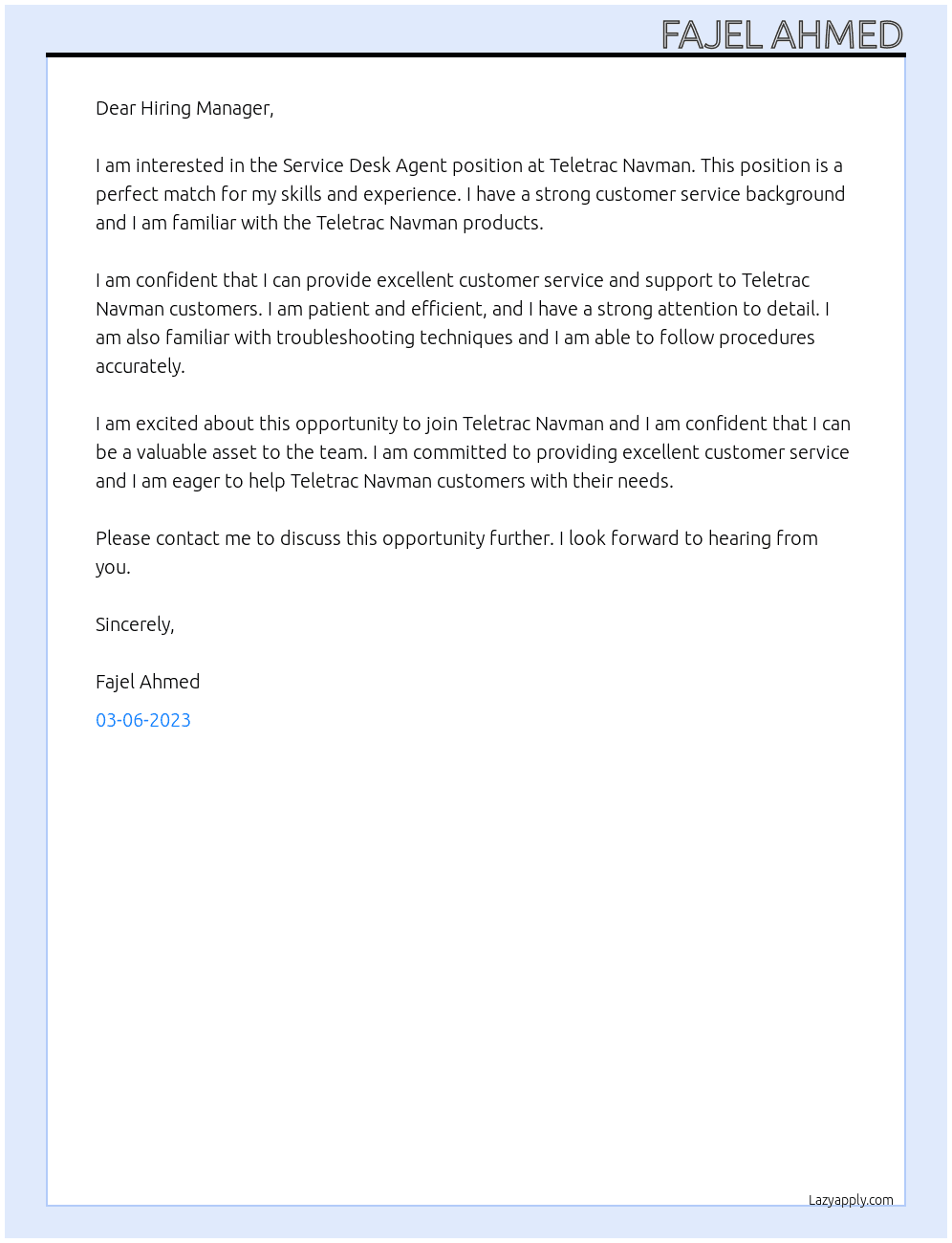 Service Desk Agent  At Teletrac Navman Cover Letter