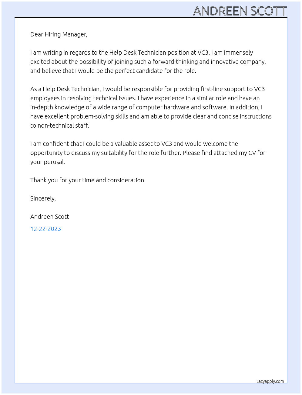 Help desk technician At VC3 Cover Letter