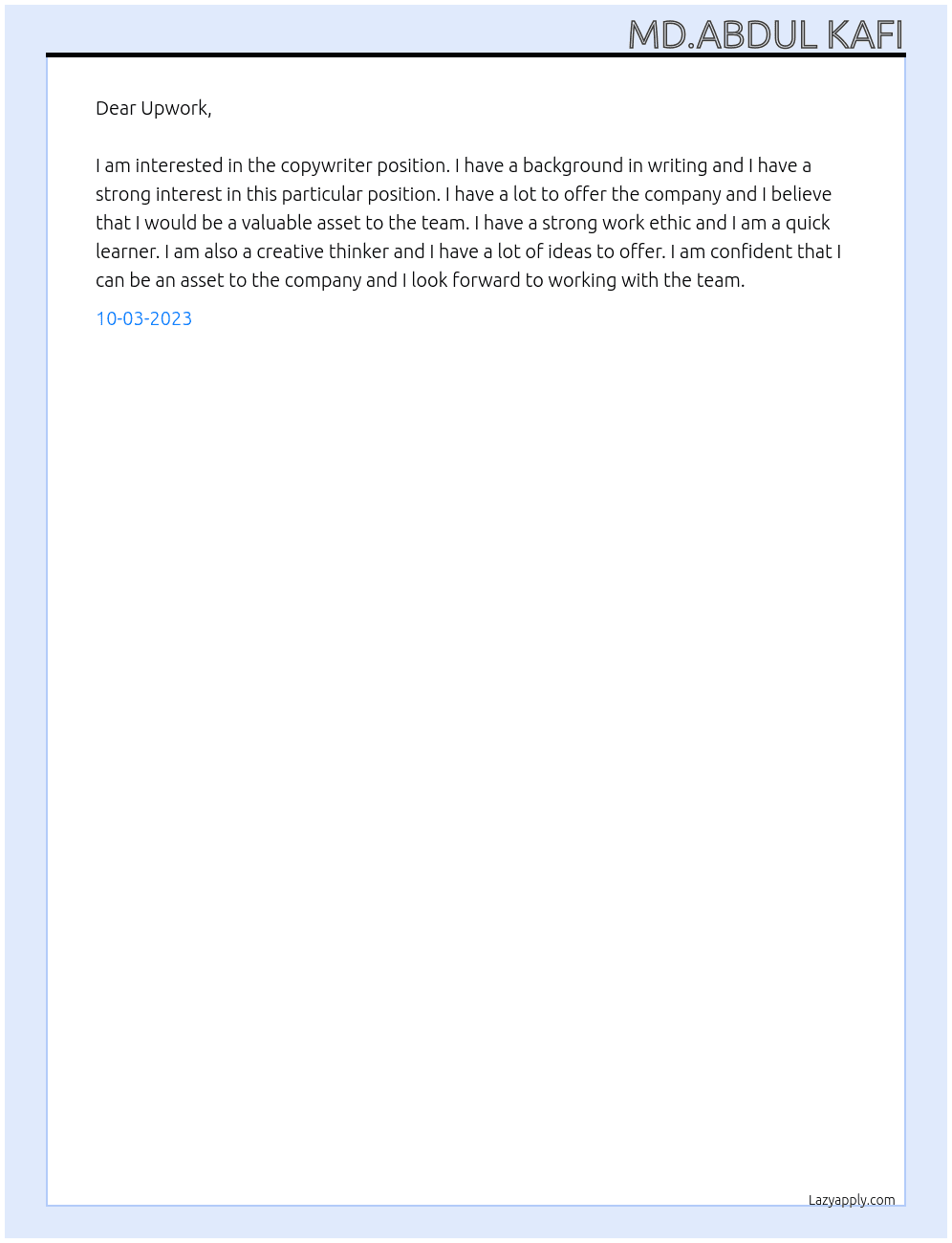 Copy Writer At Upwork Cover Letter