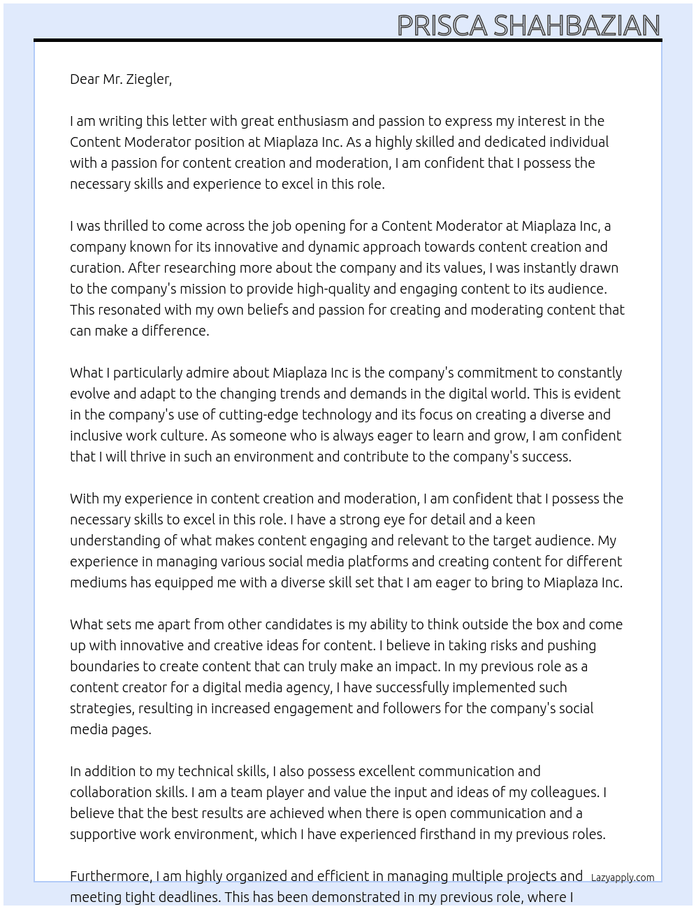 Content moderator At Miaplaza Inc Cover Letter