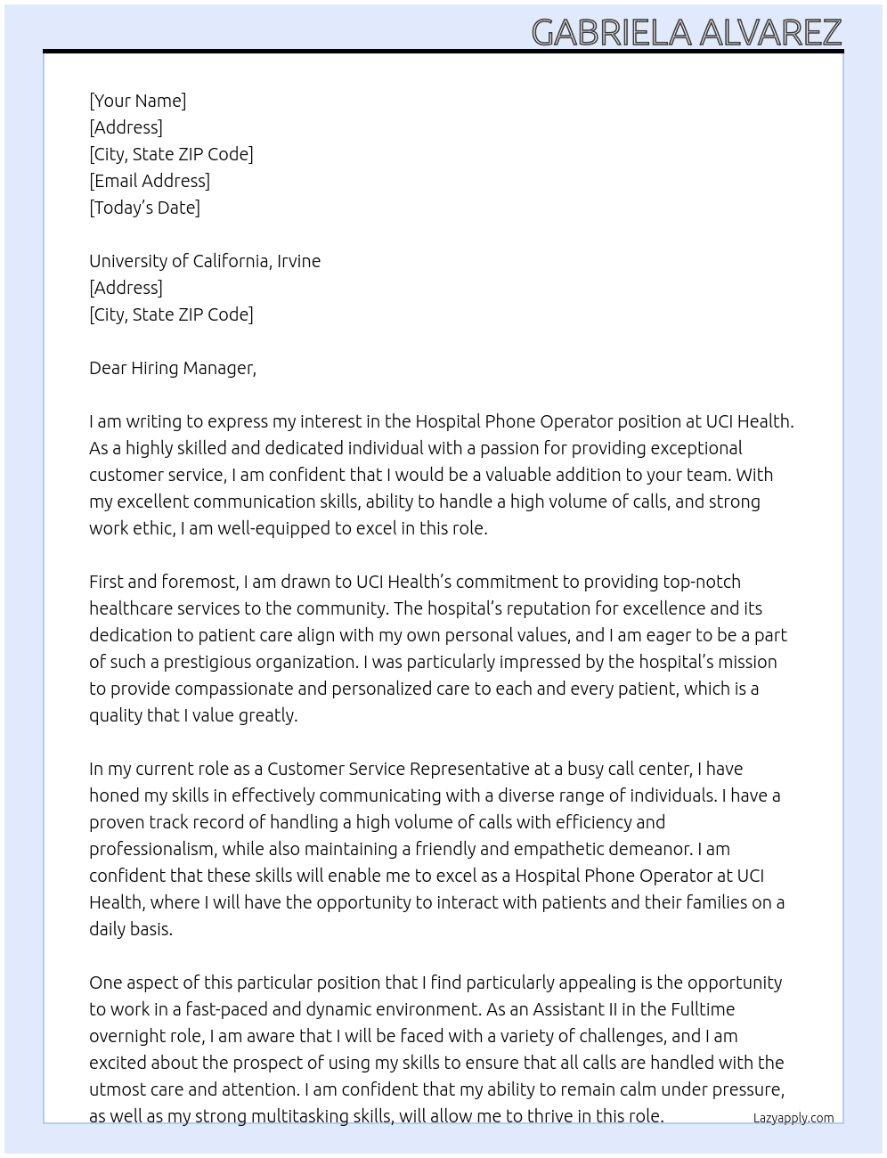 Hospital phone Operator At UCI Health Cover Letter