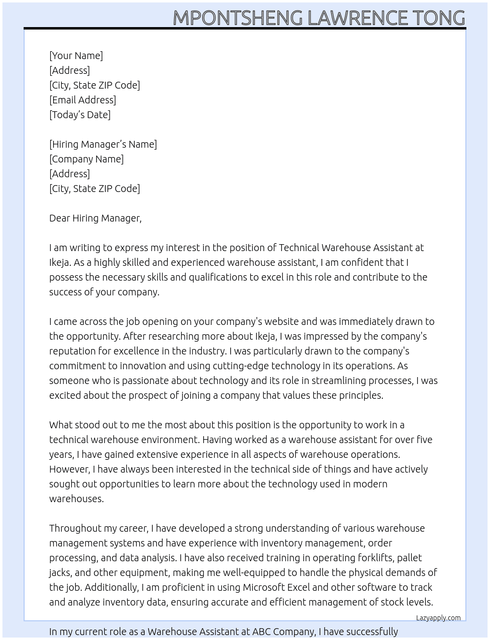 Technical Warehouse Assistant At Ikeja Cover Letter