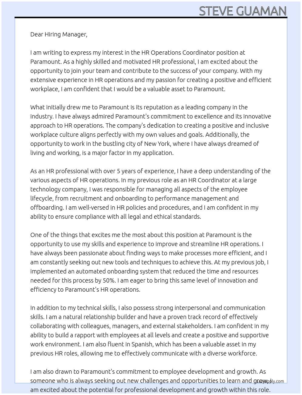 HR Operations Coordinator At Paramount Cover Letter