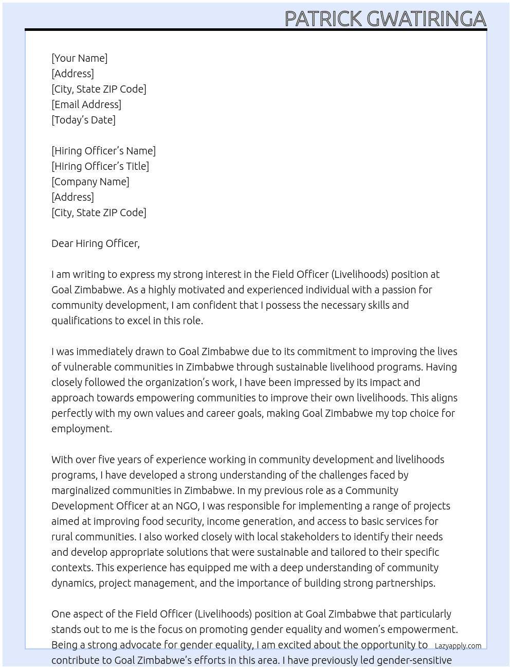Field Officer (Livelihoods) At Goal Zimbabwe  Cover Letter