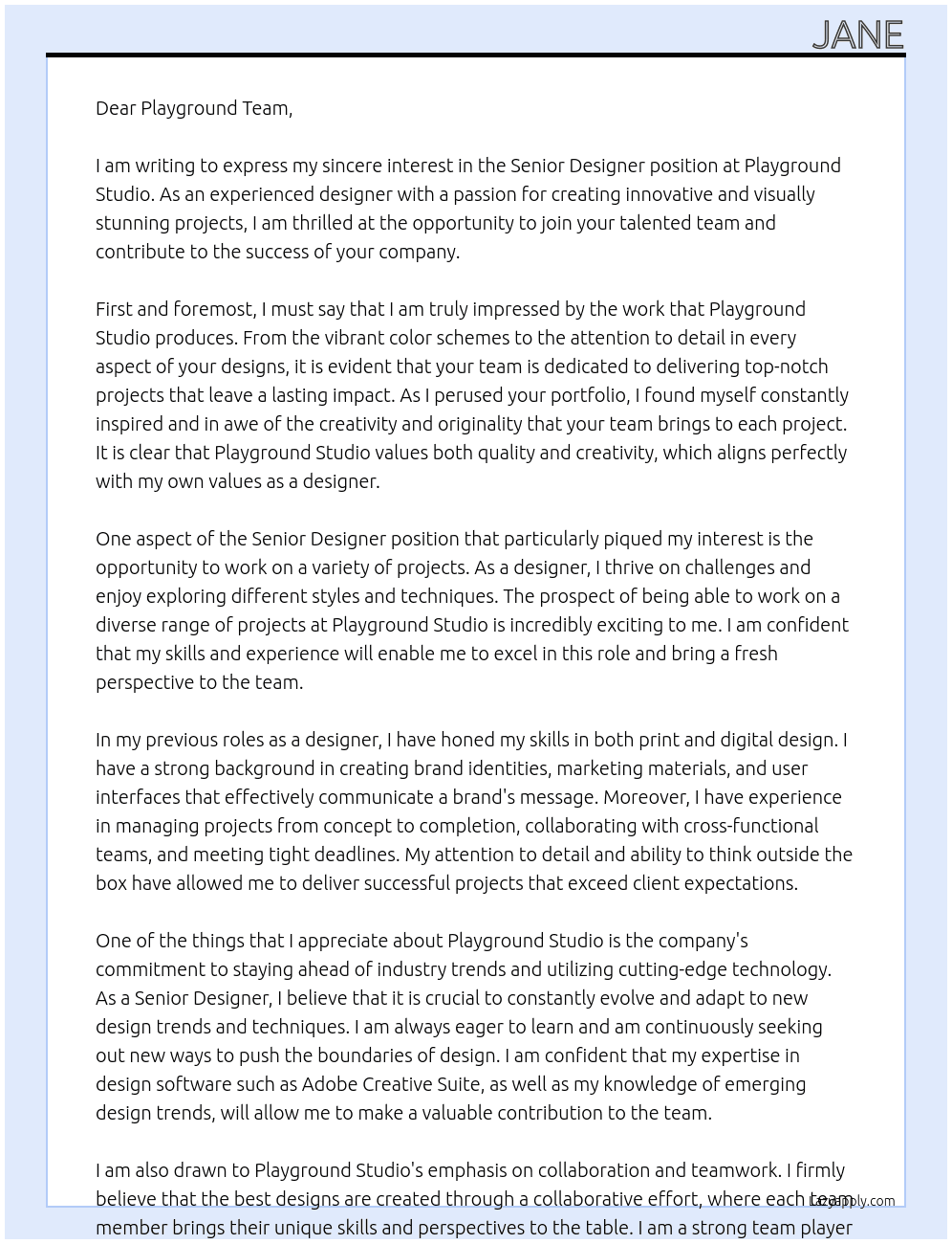 Senior Designer At Playground Studio Cover Letter