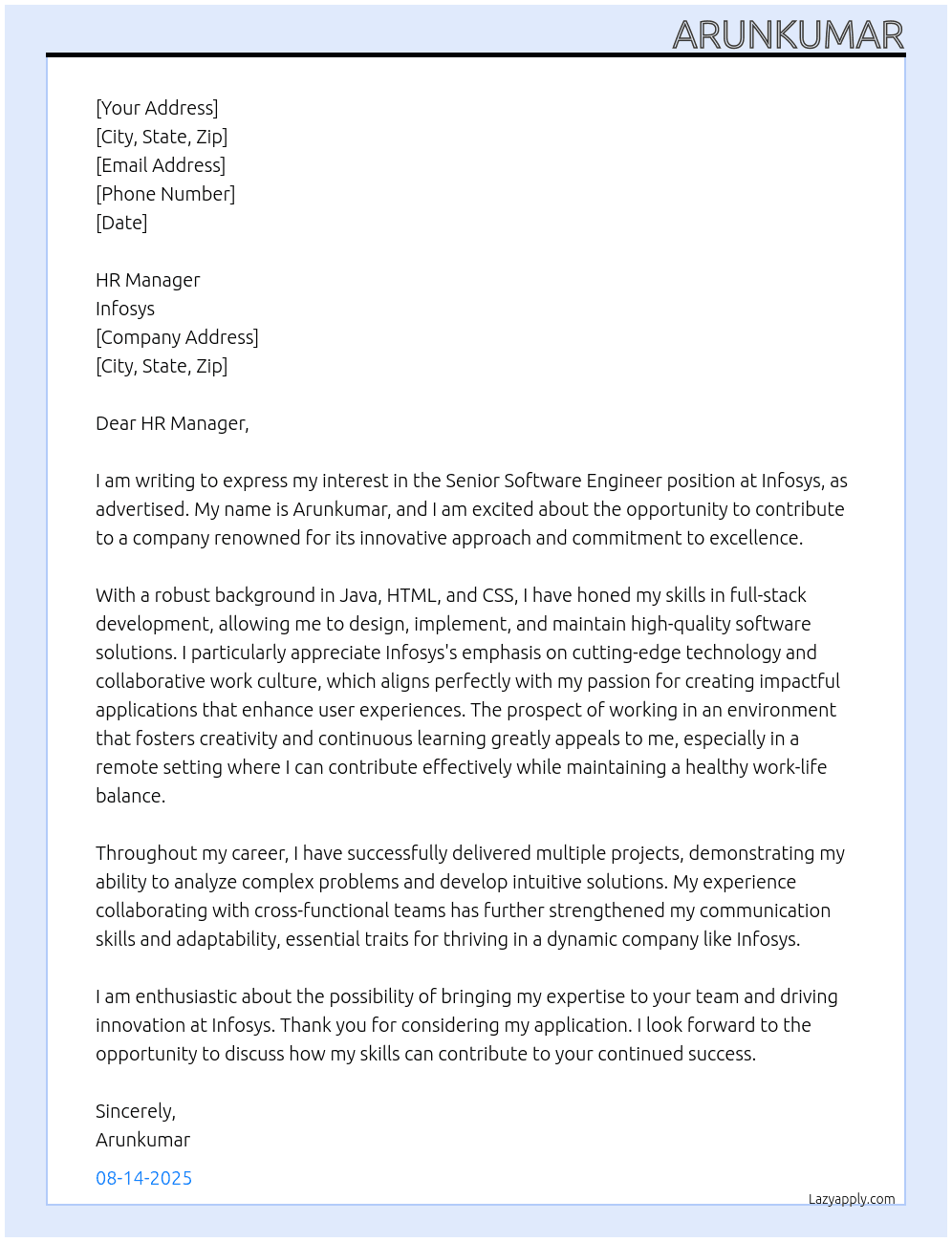 Cover letter for sr. software engineer - LazyApply