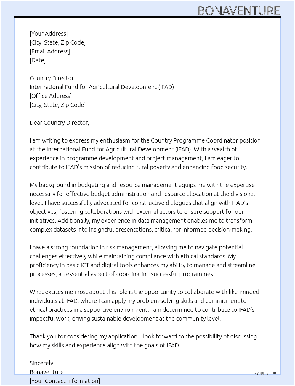 Cover letter for country programme coordinator - LazyApply