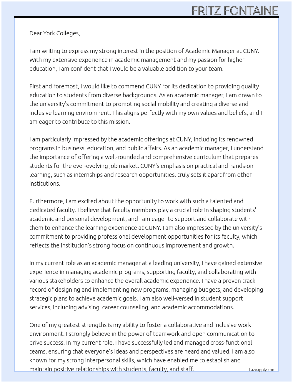 Academic manager  At CUNY Cover Letter