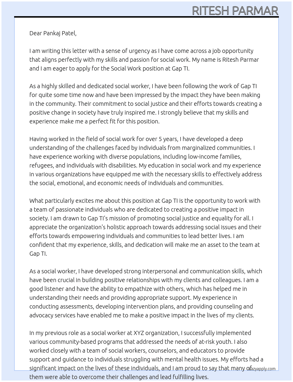 Social Work At Gap TI Cover Letter