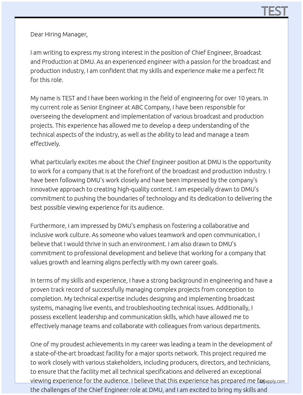 Chief Engineer, Broadcast and Production At DMU Cover Letter