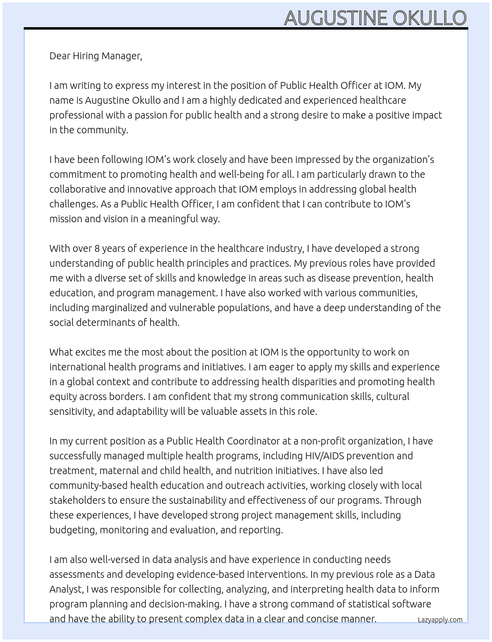 Public health officer At IOM Cover Letter