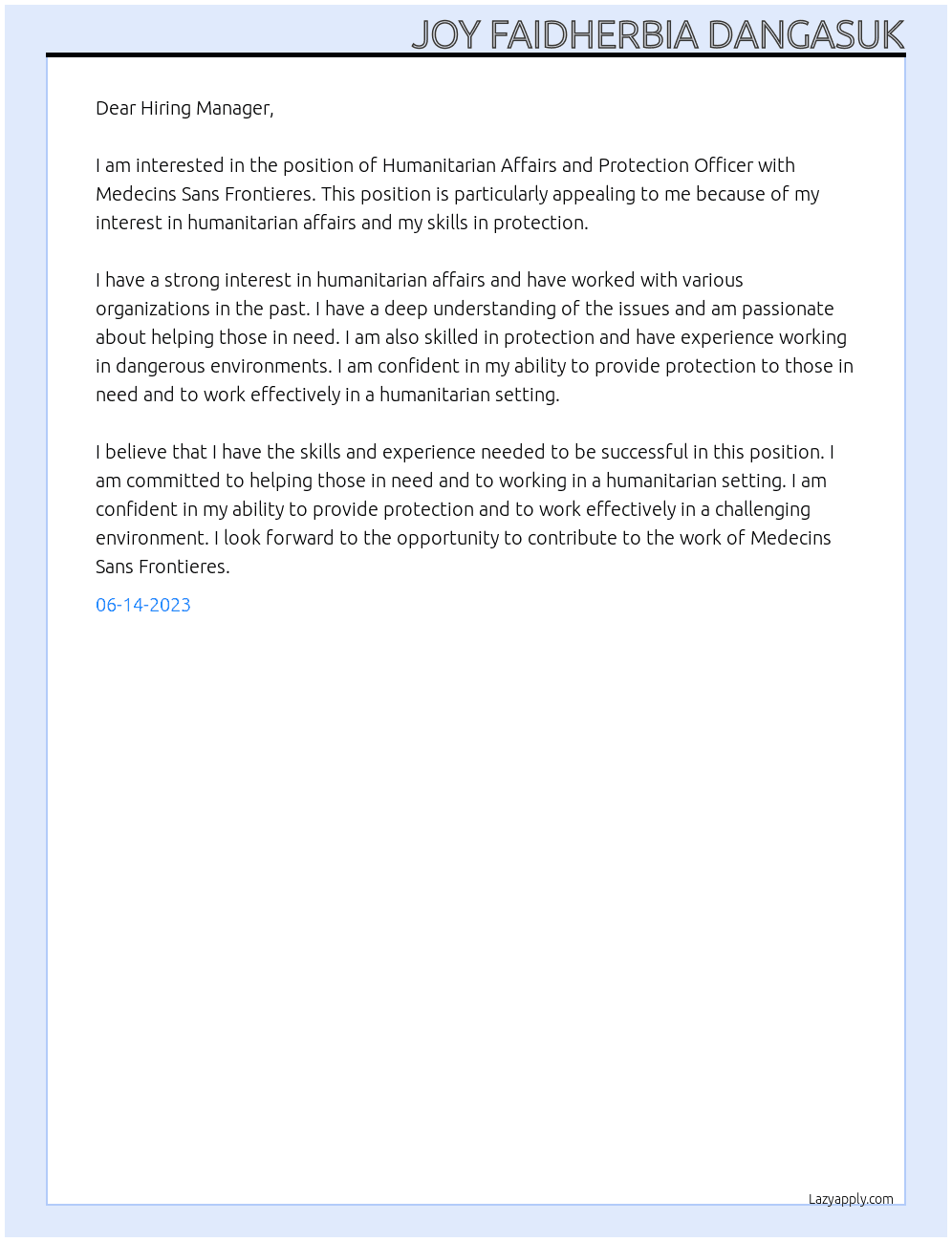 Humanitarian Affairs and Protection Officer At Medecins Sans Frontieres Cover Letter